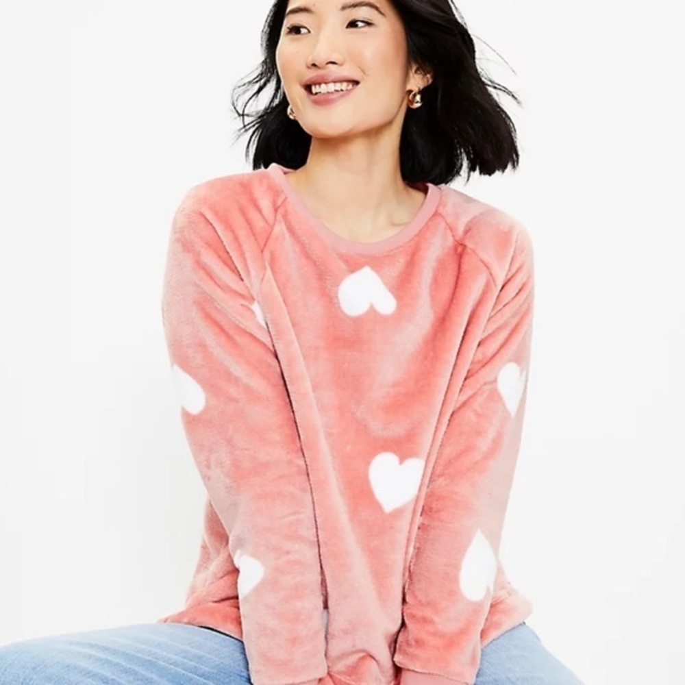 Loft • Pink Plush Faux Fur Heart Sweatshirt